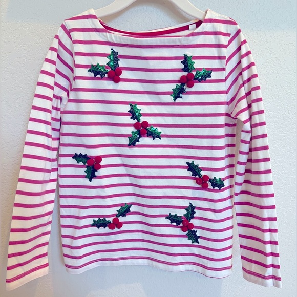 Boden Other - Boden Girls Fun Festive Breton with sparkly holly and pom pom berries.